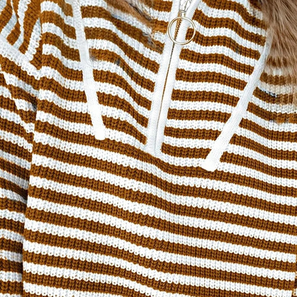 Khaki Cute Women's Boho Cotton Drop Shoulder Oversized Zip Up Pullover Sweater - Picture 2 of 3